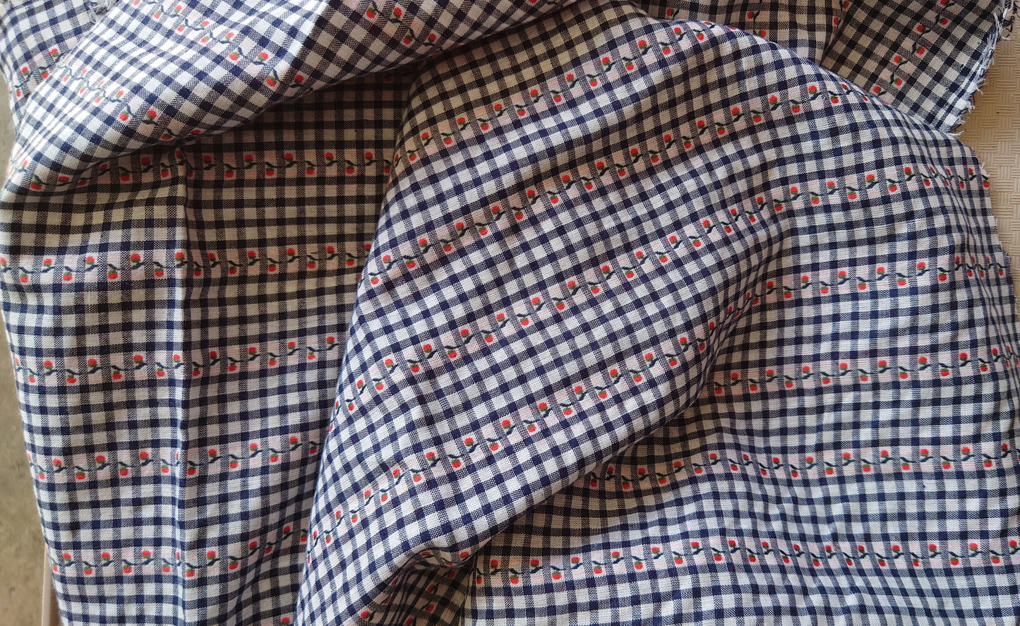 Navy & White Yarn Dyed Embroidered Gingham Cotton Voile