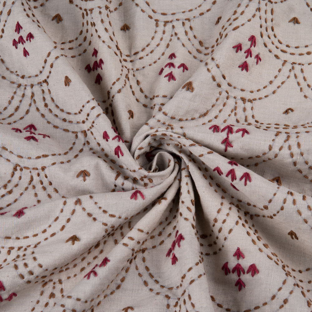 Cream Scallop Hand-Embroidered Cotton/Khadi - Special Order Fabric