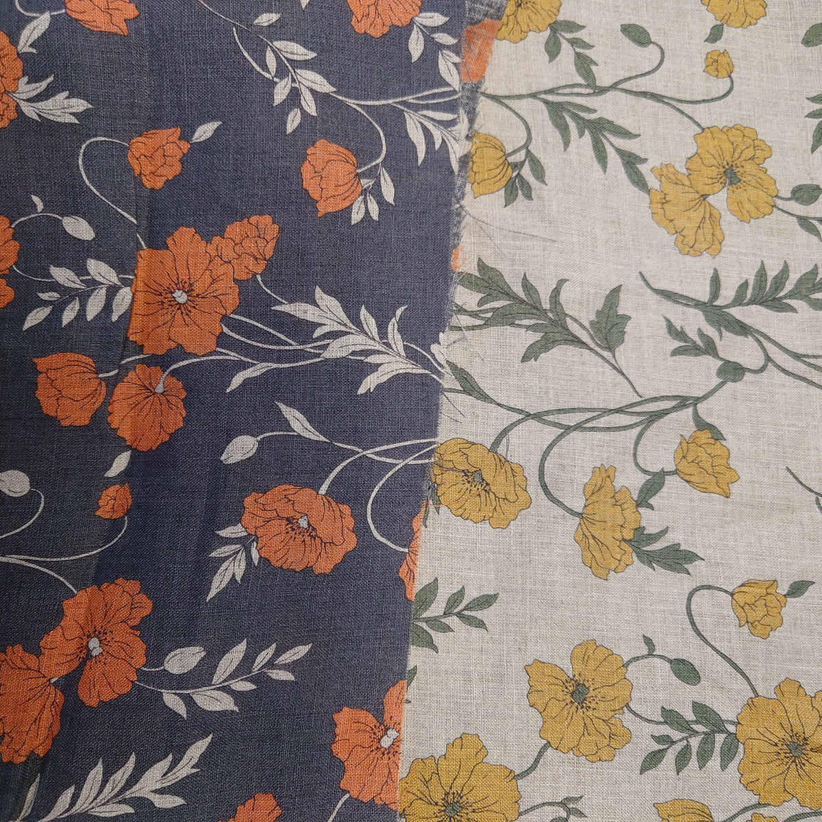 Hokkoh Poppies III Linen Sheeting in Orange/Dusty Navy