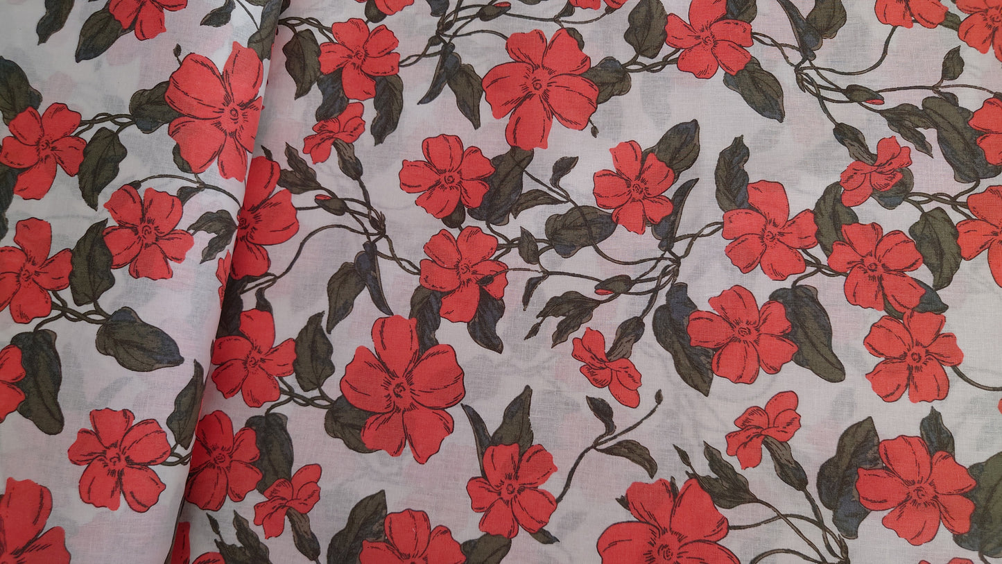 Coral Nasturtium Garden Floral Cotton Linen Blend