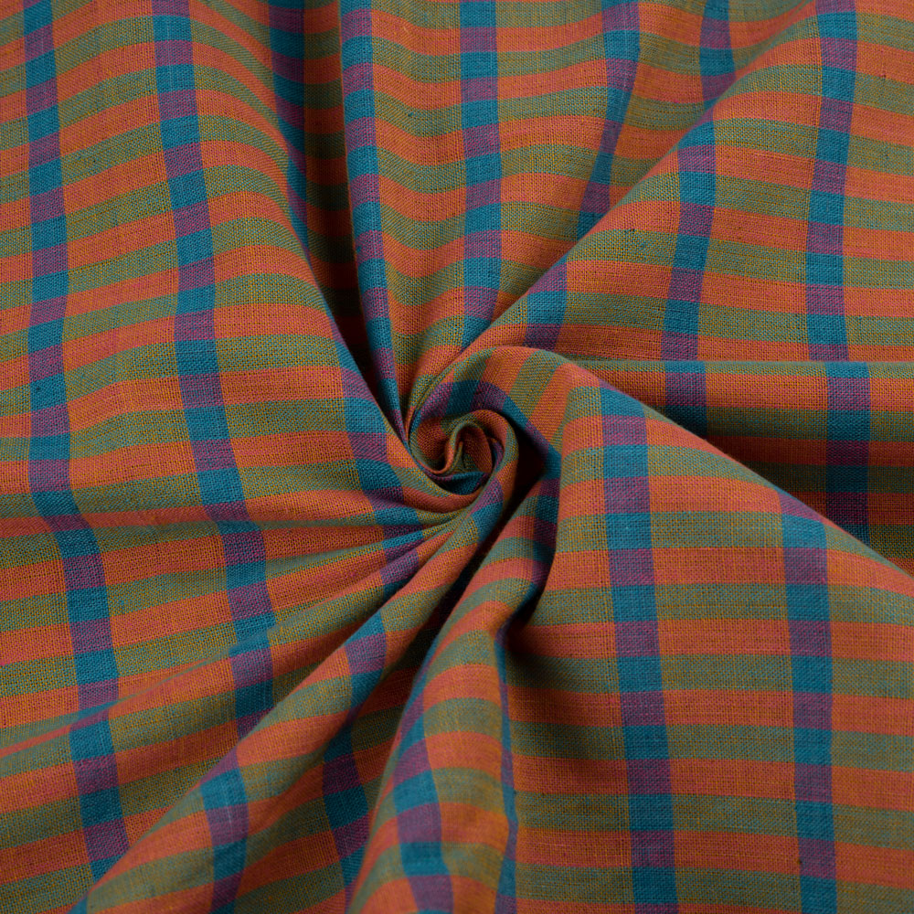 Orange, Green, and Blue Check Handwoven Indian Cotton