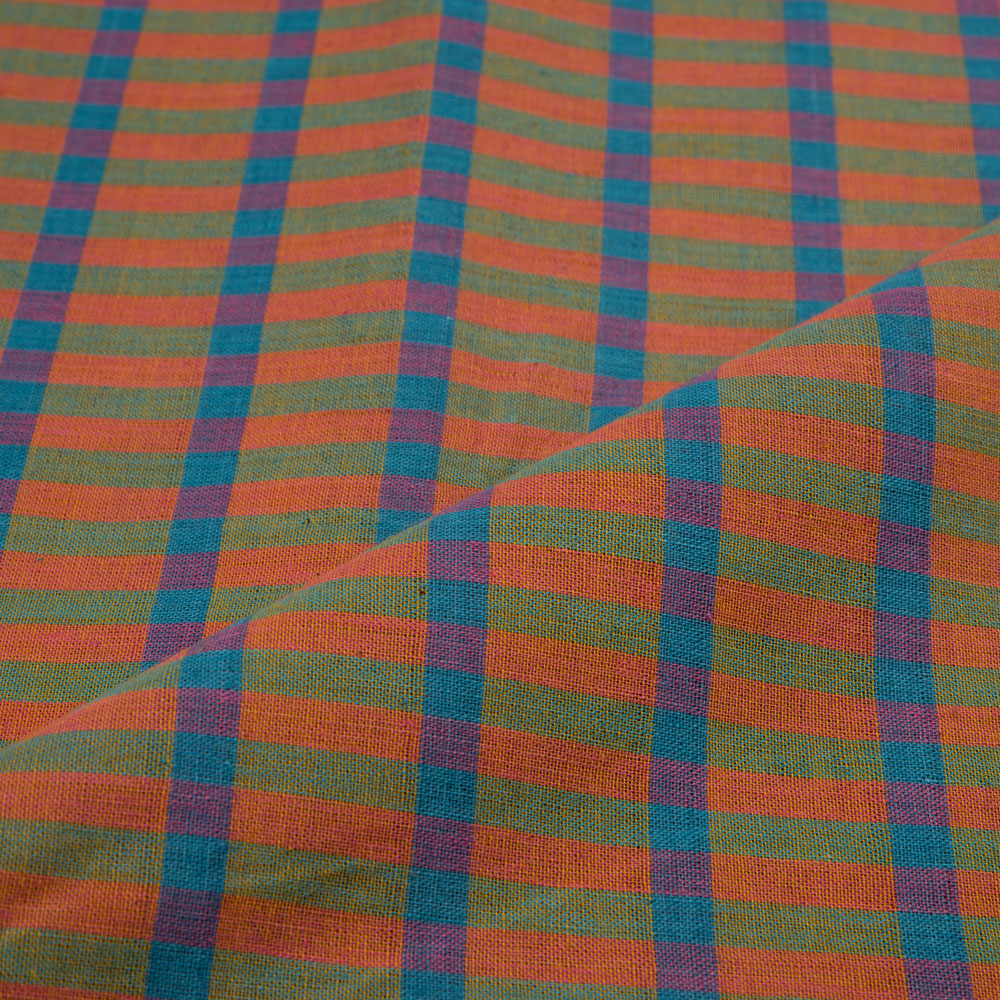 Orange, Green, and Blue Check Handwoven Indian Cotton