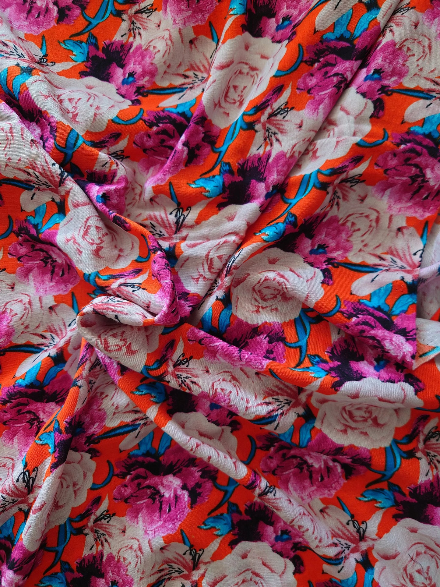 REMNANT 2 yd +2" orange & blue floral rose rayon challis