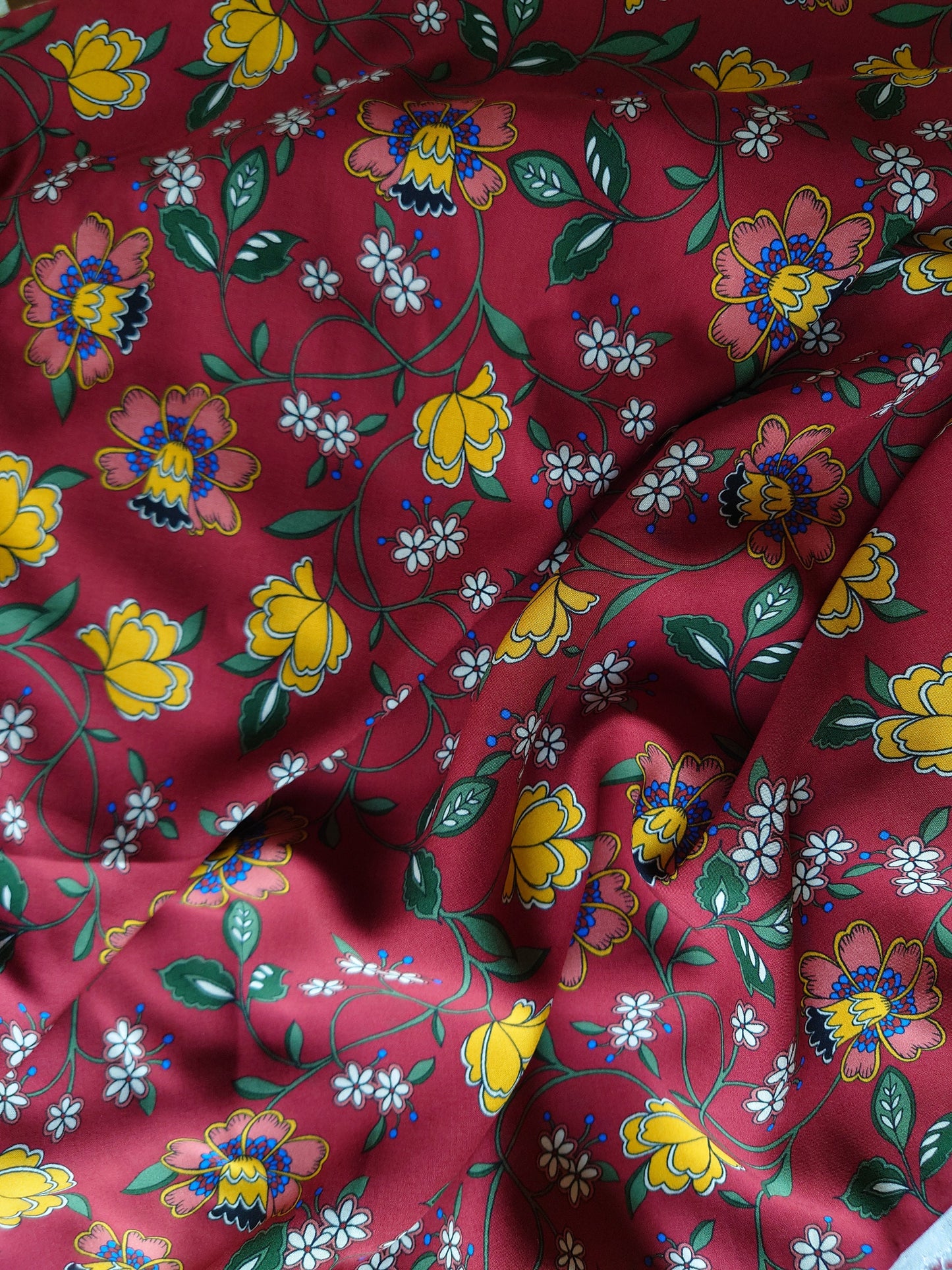 Red & Gold Mendhi Floral Rayon Challis Voile