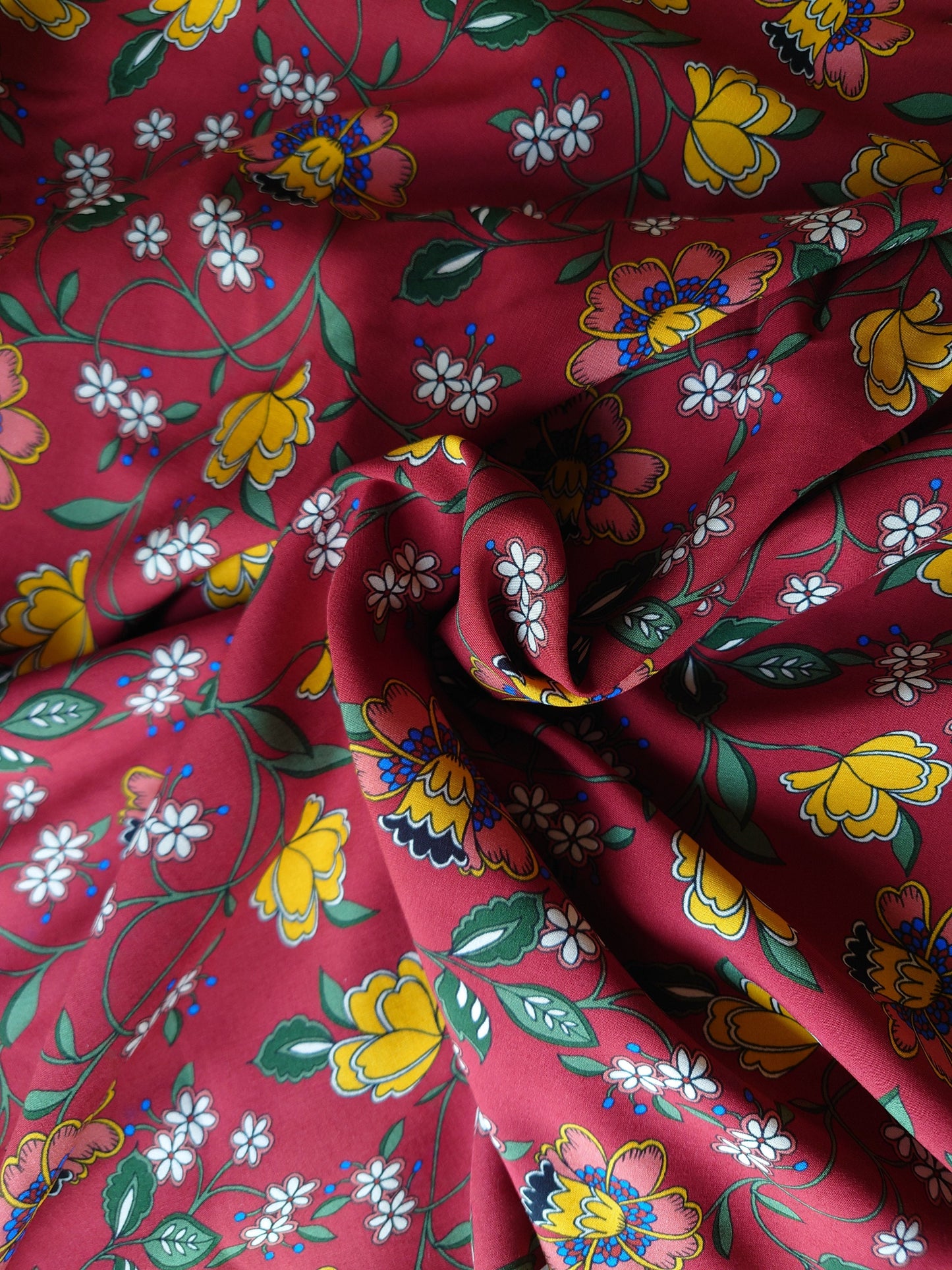 Red & Gold Mendhi Floral Rayon Challis Voile