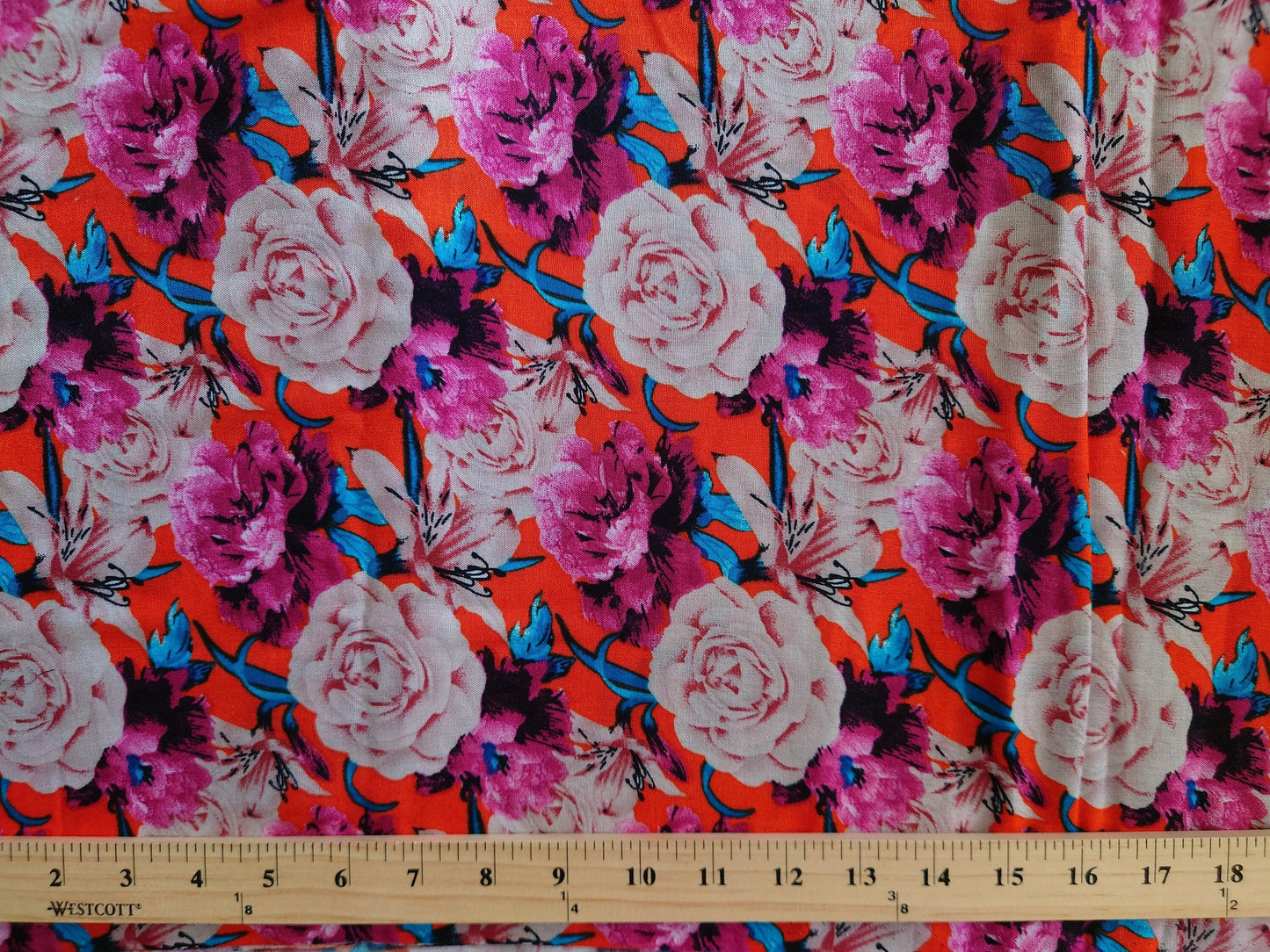 REMNANT 2 yd +2" orange & blue floral rose rayon challis