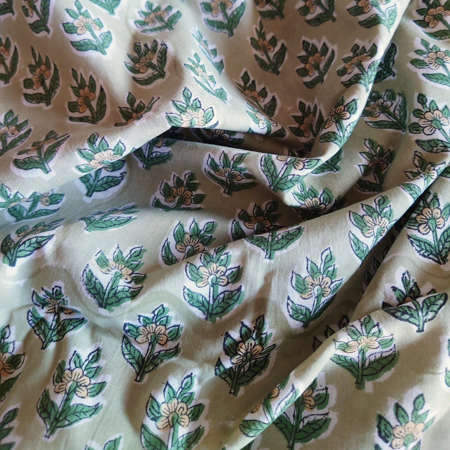 Leafy Floral Block-Printed Cotton in Green