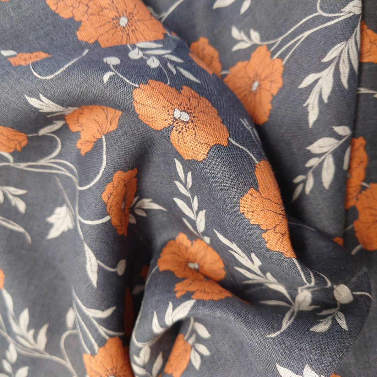 Hokkoh Poppies III Linen Sheeting in Orange/Dusty Navy