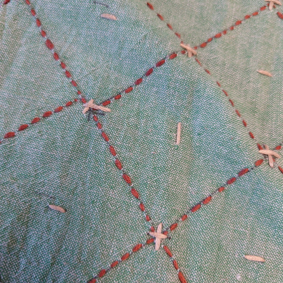 Examples of cosmetic imperfections on green embroidered fabric.