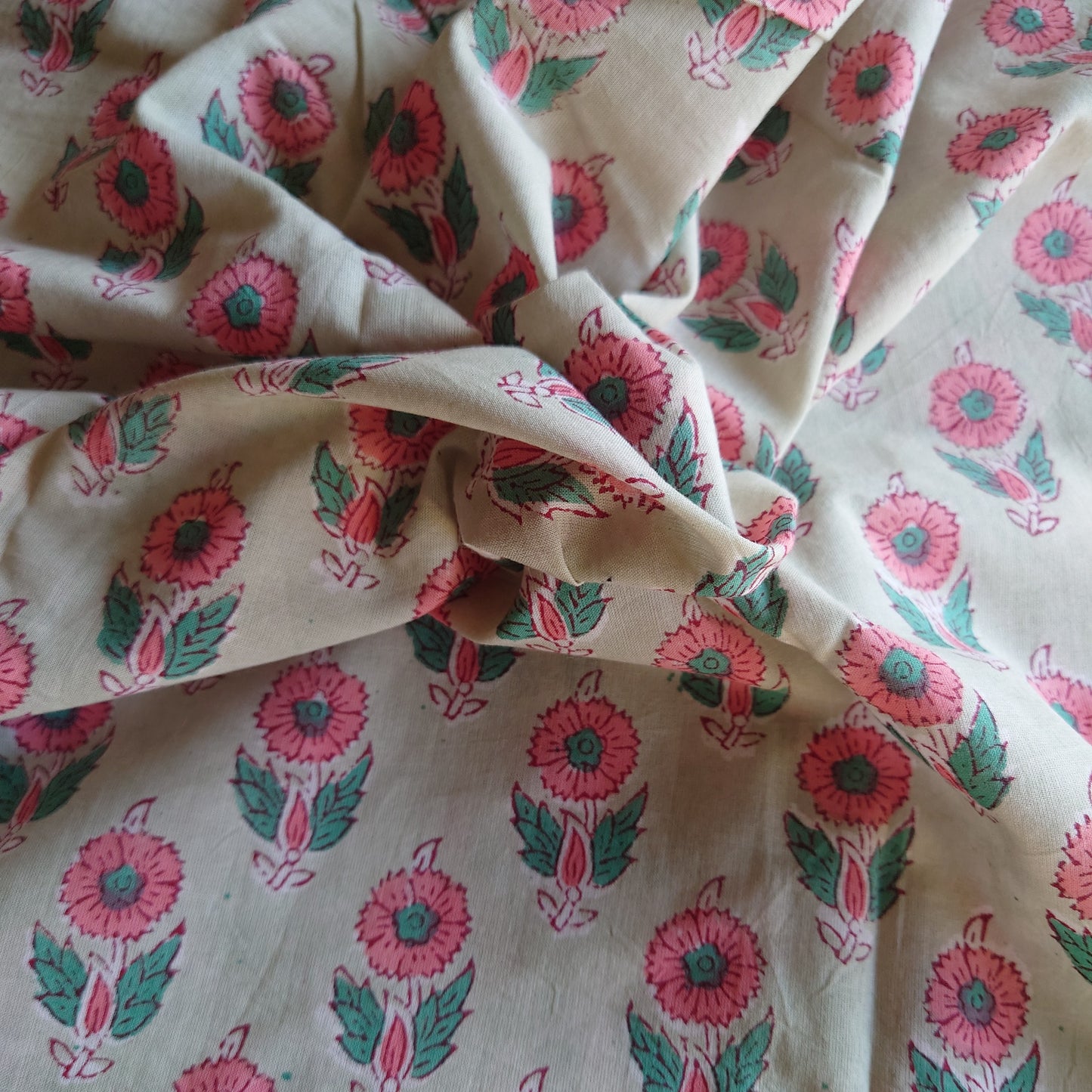 Pink & Green Floral Block-Printed Cotton