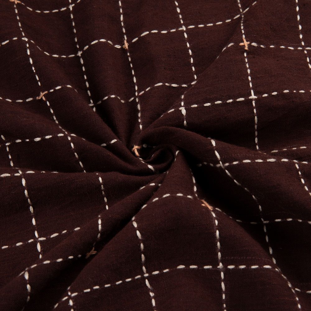Brown Box Check Kantha Hand-Embroidered Khadi Cotton