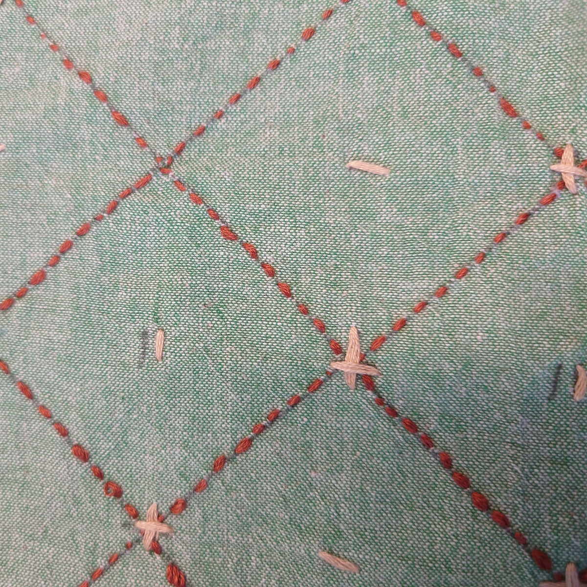 Green Check Kantha Hand-Embroidered Cotton Chambray *IMPERFECT*