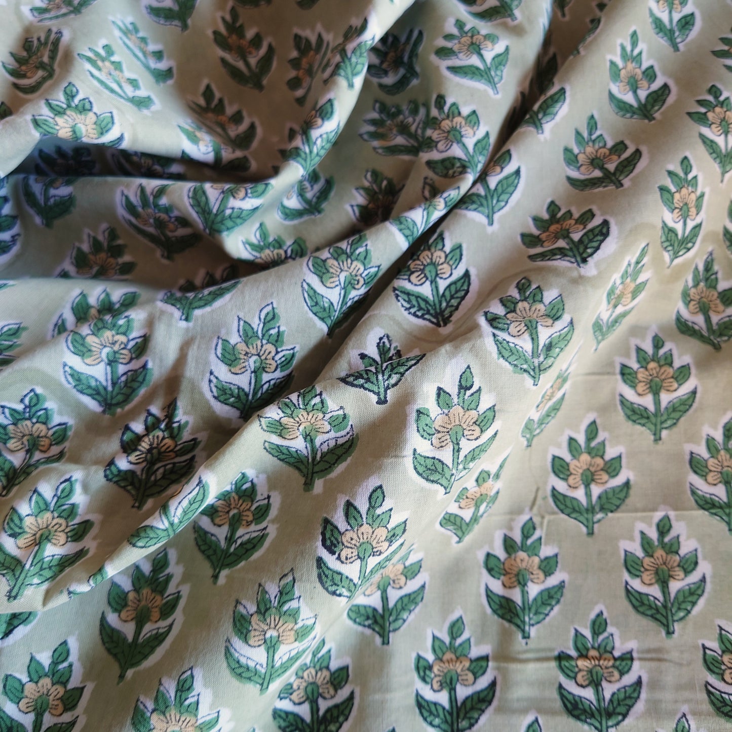 Leafy Floral Block-Printed Cotton in Green