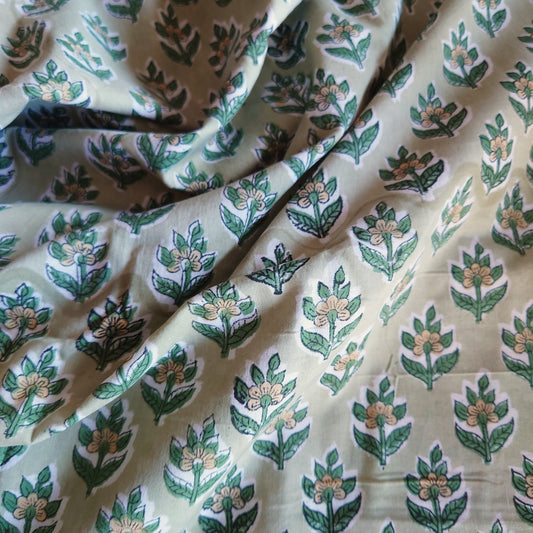 Leafy Floral Block-Printed Cotton in Green