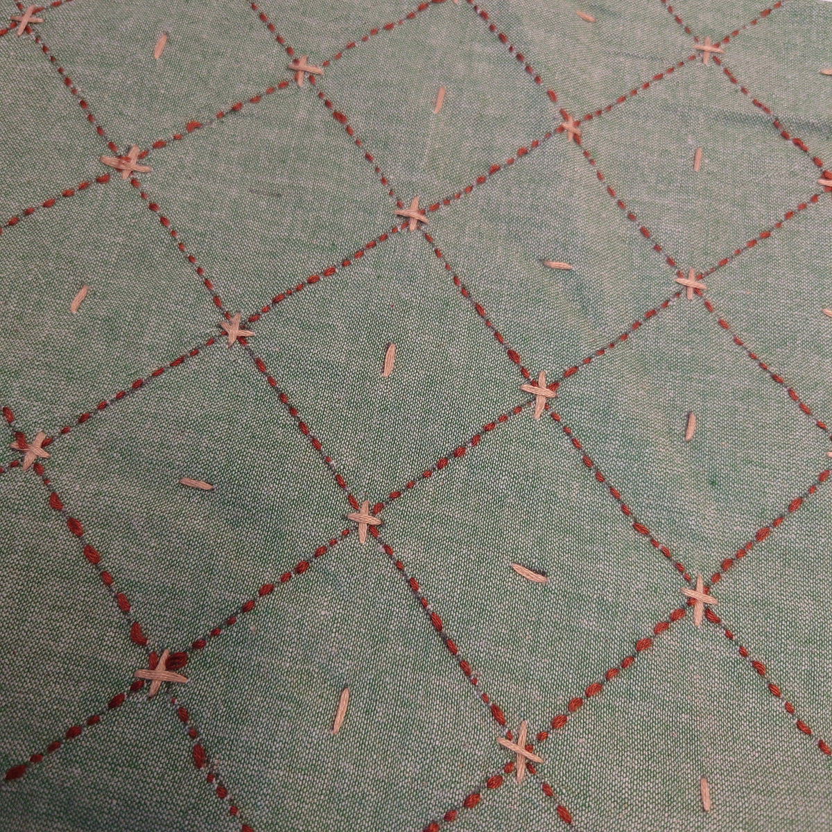 Green Check Kantha Hand-Embroidered Cotton Chambray *IMPERFECT*