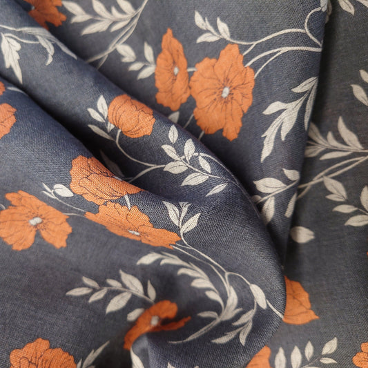 Hokkoh Poppies III Linen Sheeting in Orange/Dusty Navy