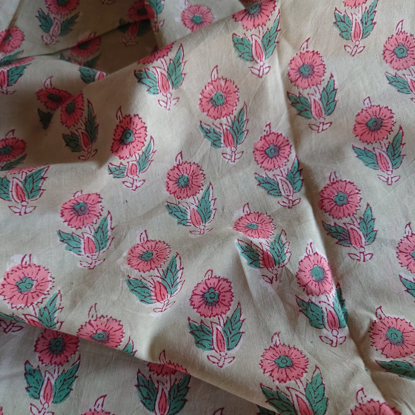 Pink & Green Floral Block-Printed Cotton