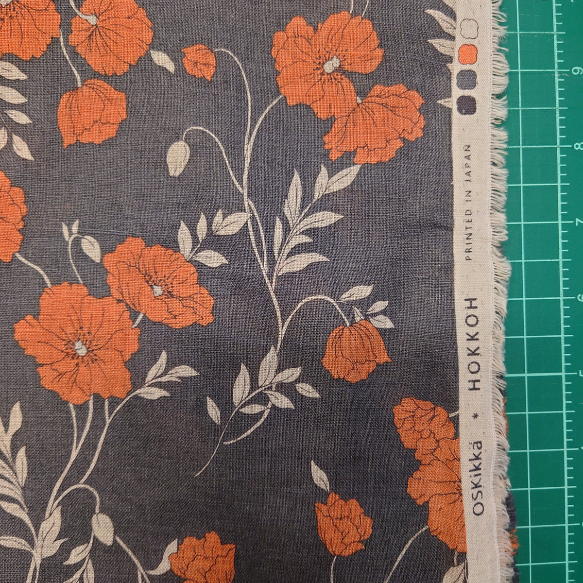 Hokkoh Poppies III Linen Sheeting in Orange/Dusty Navy