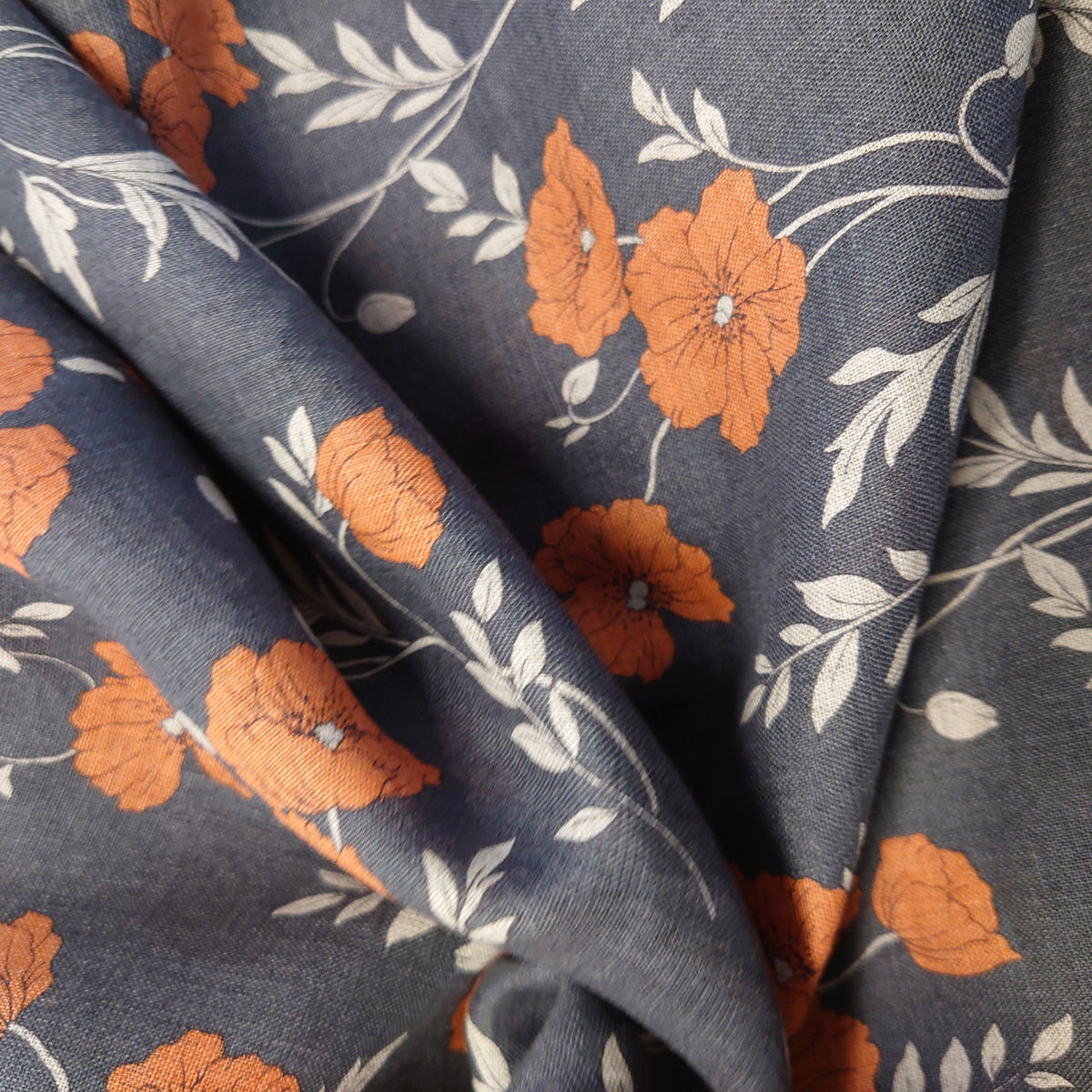 Hokkoh Poppies III Linen Sheeting in Orange/Dusty Navy