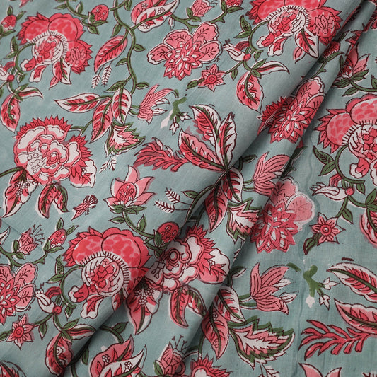Blue & Pink Floral Block-Printed Cotton