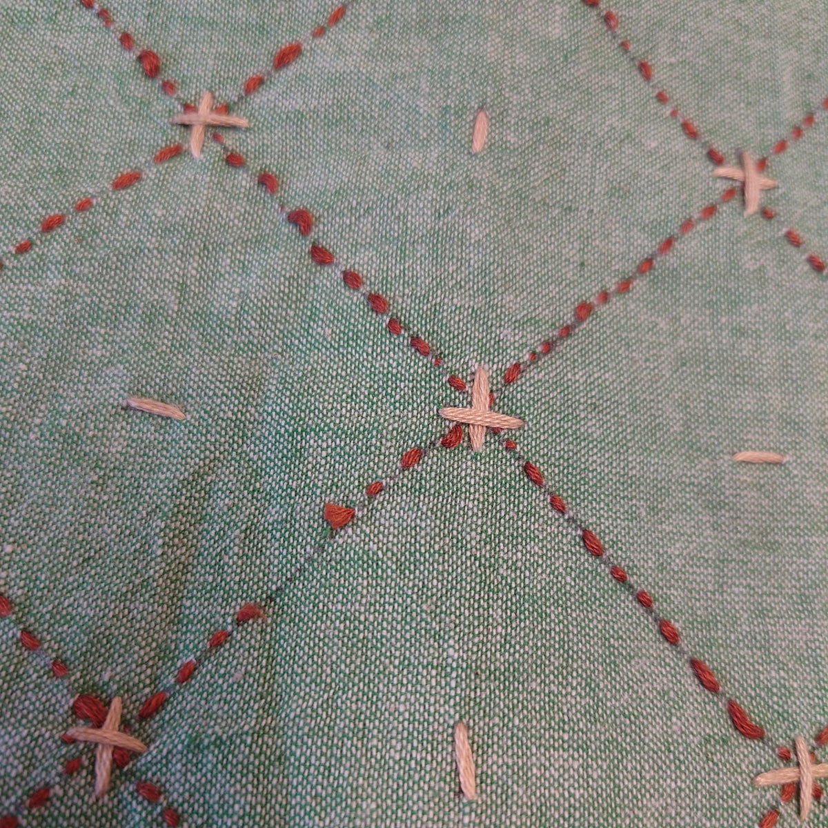 Examples of cosmetic imperfections on green embroidered fabric.