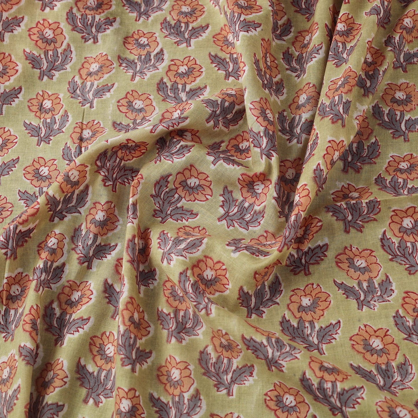 Motif Floral Block-Printed Cotton in Green