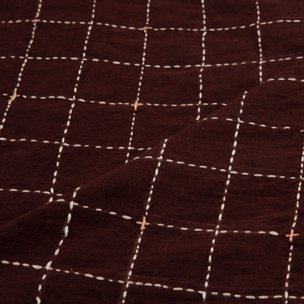 Brown Box Check Kantha Hand-Embroidered Khadi Cotton