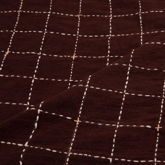 Brown Box Check Kantha Hand-Embroidered Khadi Cotton
