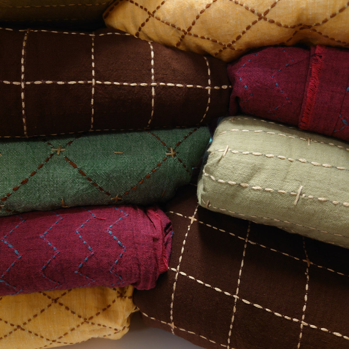 Brown Box Check Kantha Hand-Embroidered Khadi Cotton