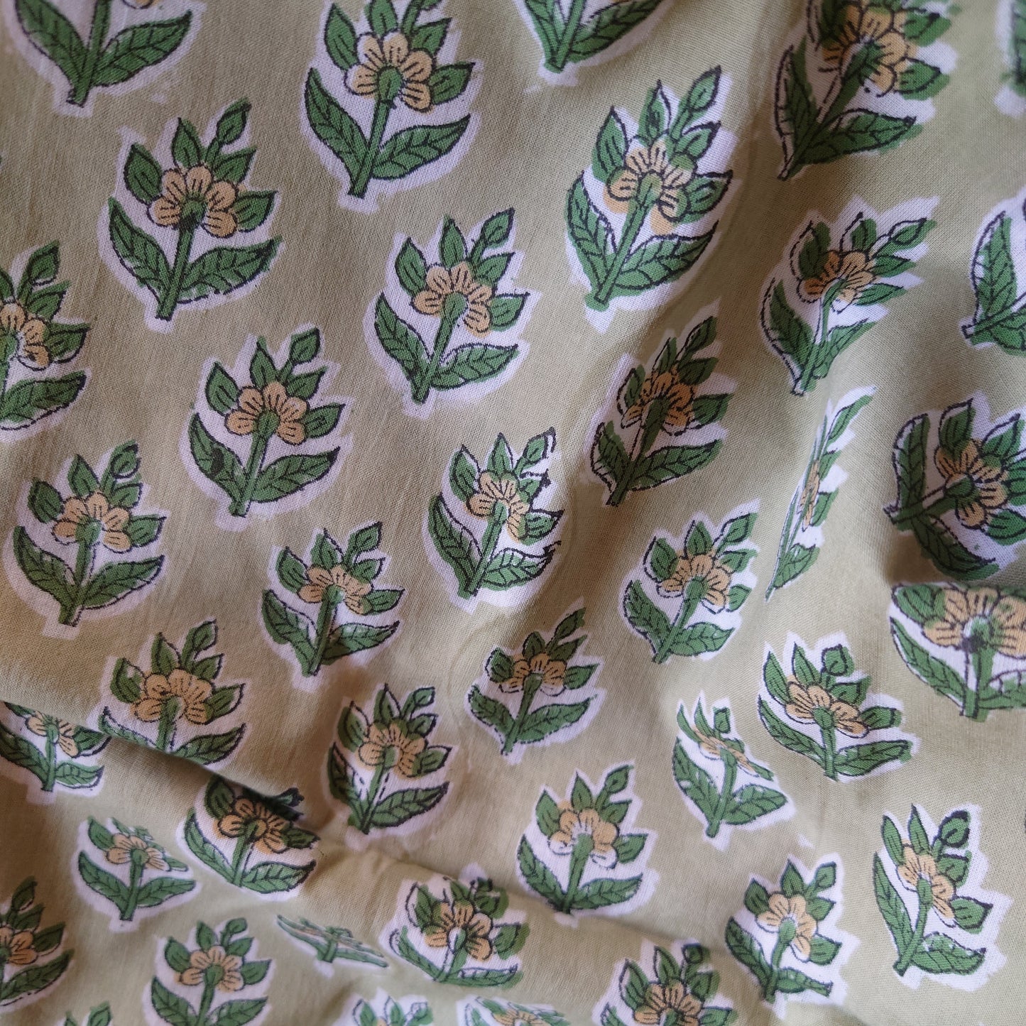 Leafy Floral Block-Printed Cotton in Green