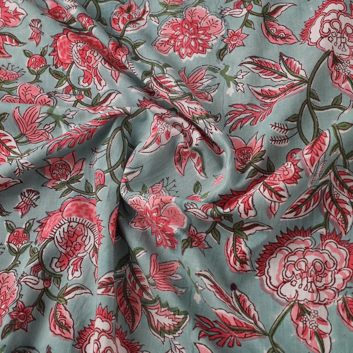 Blue & Pink Floral Block-Printed Cotton